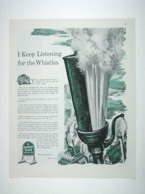 Vintage 1944 Quaker State Motor Oil Print Ad WWII Era Whistles Factory